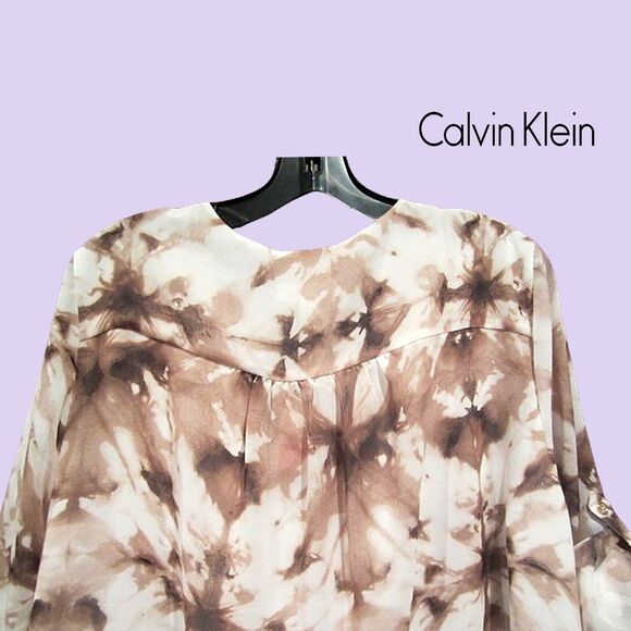 Calvin Klein NEW Abstract Chiffon Semi-Sheer Ruffle Roll-Up Sleeve Blouse L - Picture 9 of 11